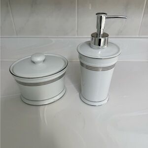 White Ceramic Soap Dispenser and Lidded Jar Set with Silver Trim by Veratex